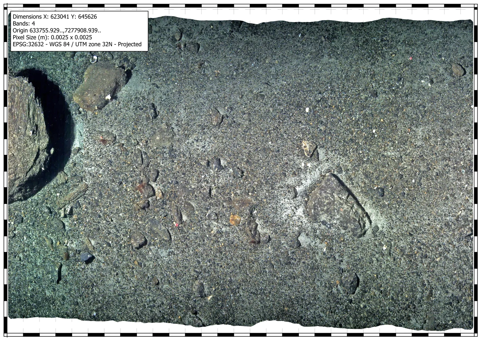 Georeferenced image mosaic of a gravel seabed at 2.5 mm pixel size