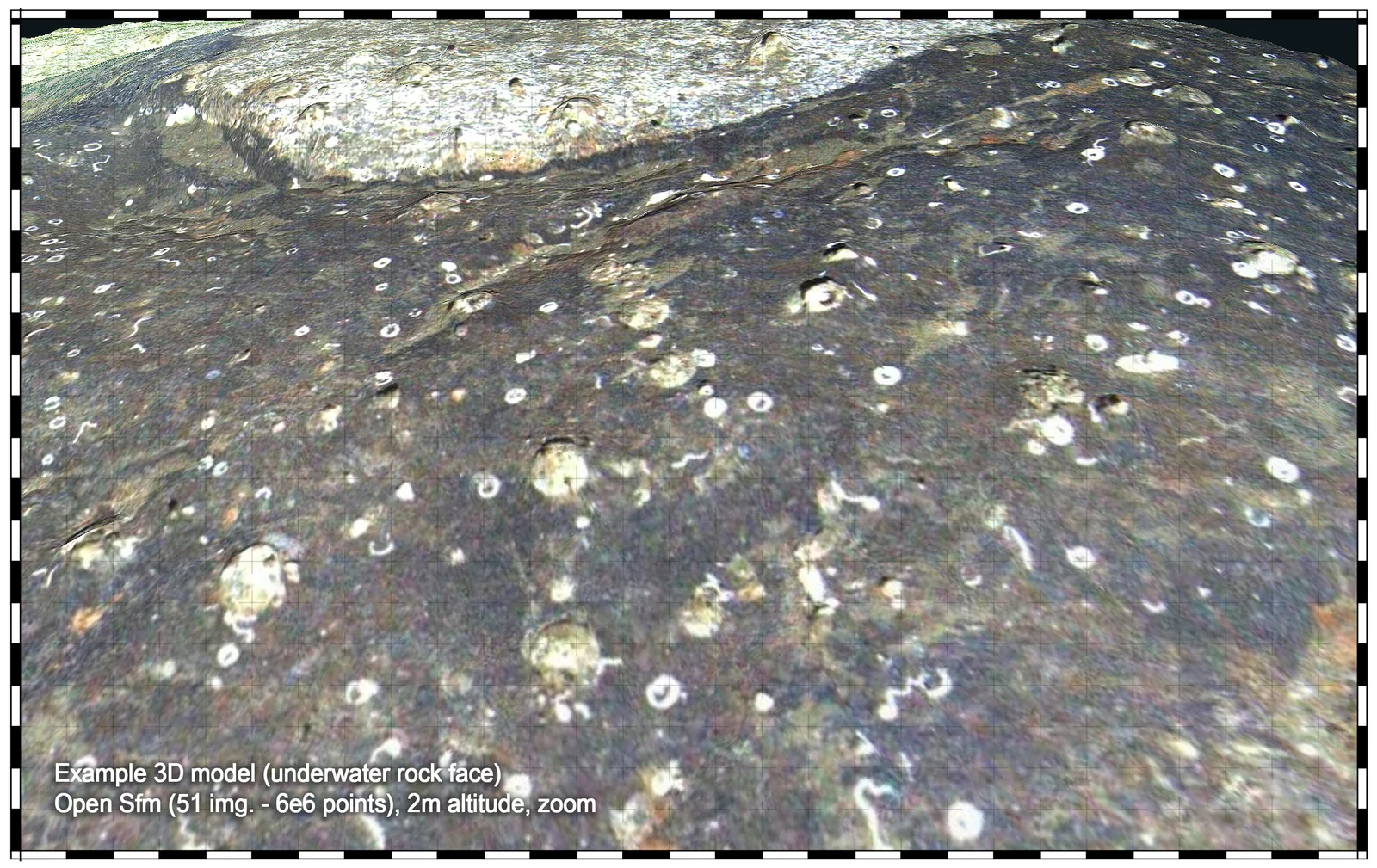 Three-dimensional model of an underwater rock face reconstructed from 51 images