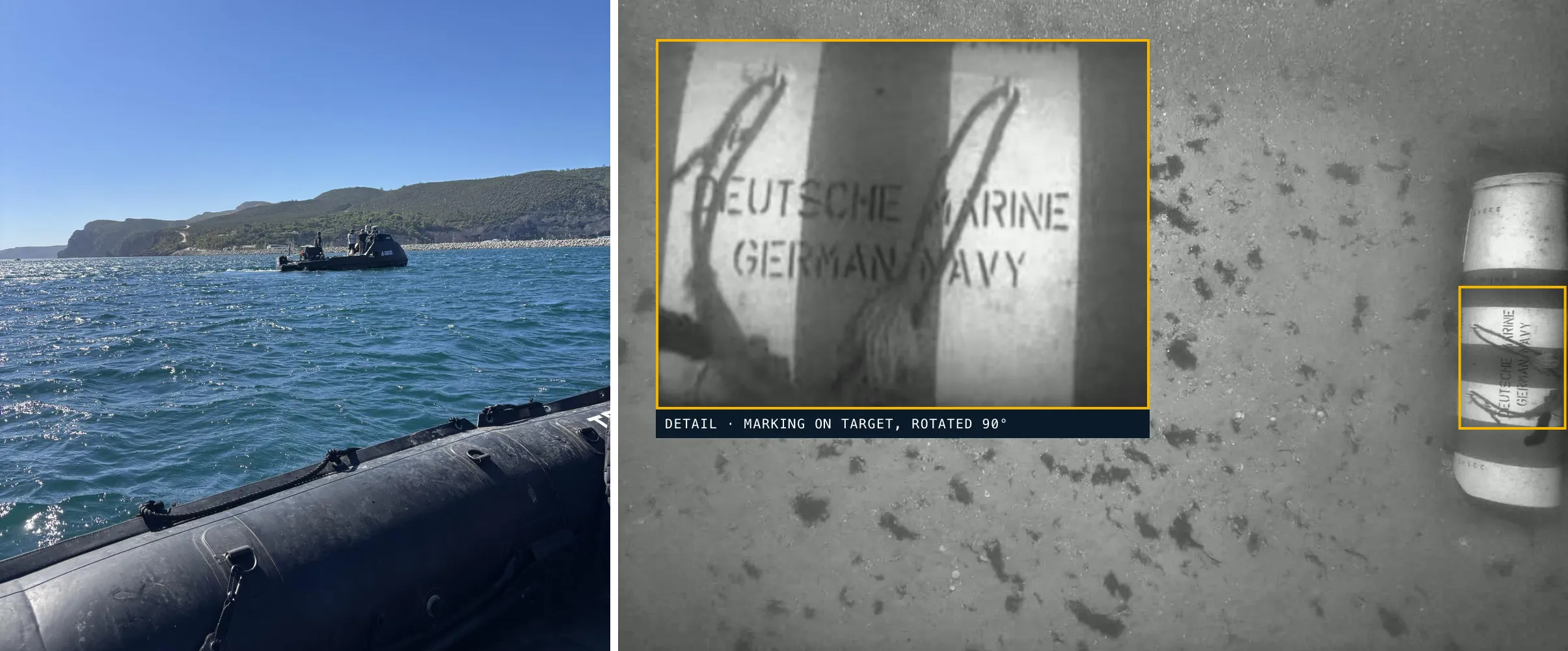 Mariner X USV off Sesimbra, and a seabed optical image of a practice target with a detail of its marking
